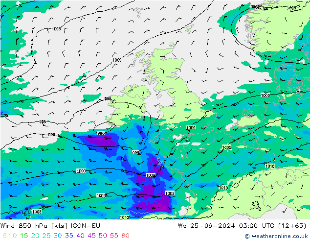 Wind 850 hPa ICON-EU wo 25.09.2024 03 UTC