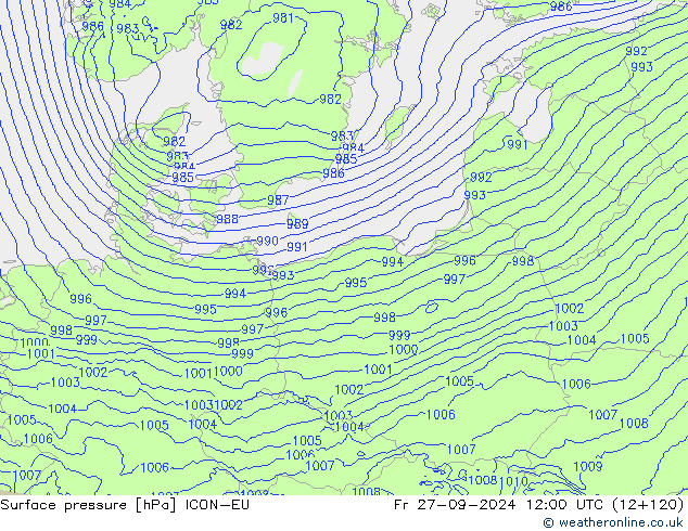 Surface pressure ICON-EU Fr 27.09.2024 12 UTC