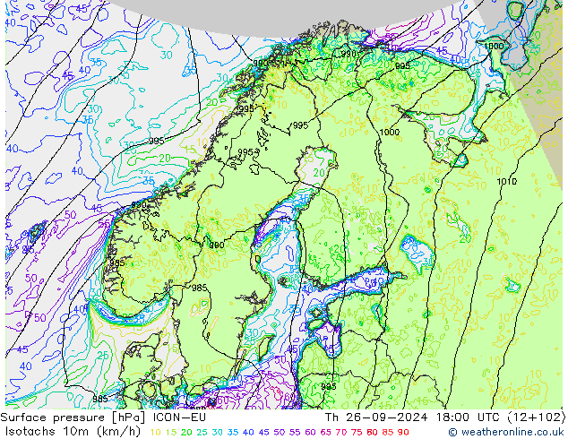 Isotachs (kph) ICON-EU Qui 26.09.2024 18 UTC