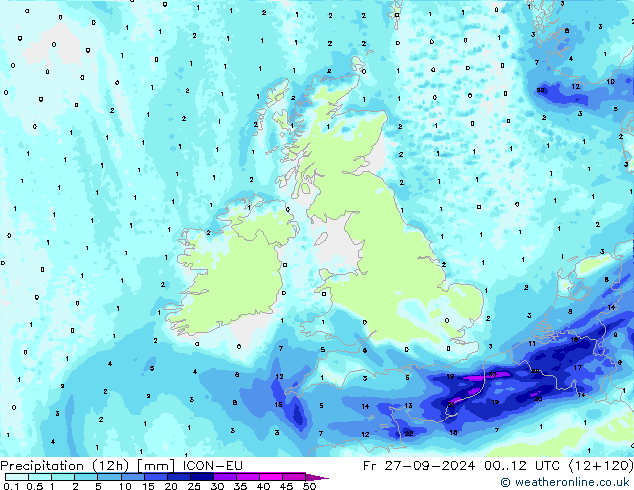 осадки (12h) ICON-EU пт 27.09.2024 12 UTC