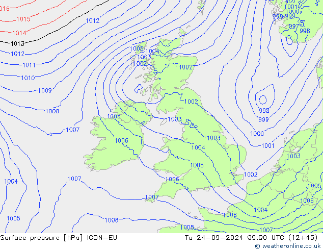 Surface pressure ICON-EU Tu 24.09.2024 09 UTC