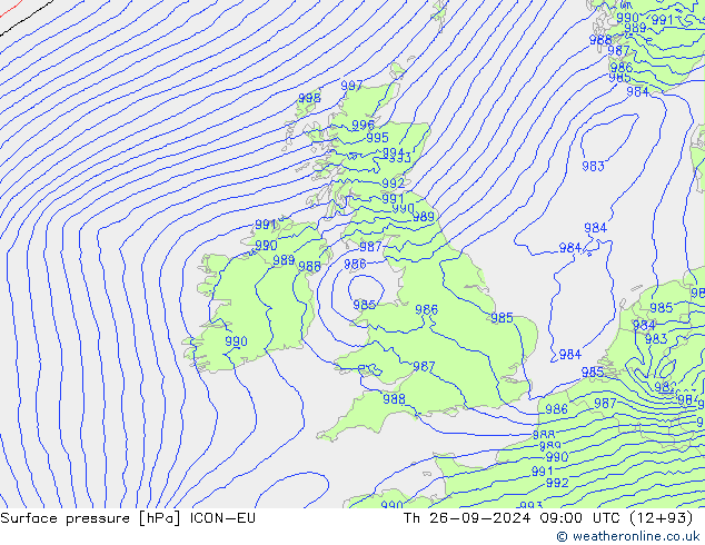 Presión superficial ICON-EU jue 26.09.2024 09 UTC