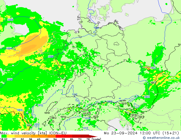 Max. wind velocity ICON-EU lun 23.09.2024 12 UTC