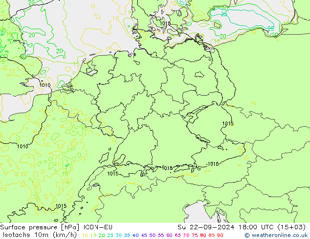 Isotachs (kph) ICON-EU Su 22.09.2024 18 UTC