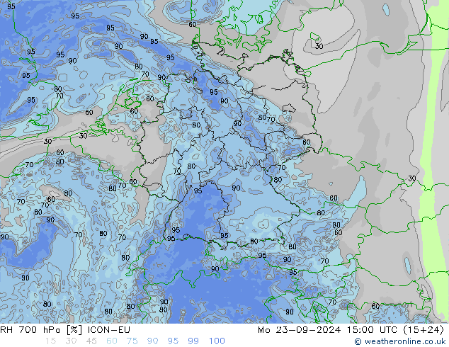 RH 700 hPa ICON-EU Mo 23.09.2024 15 UTC