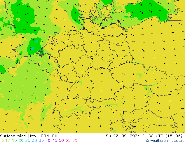 Surface wind ICON-EU Su 22.09.2024 21 UTC