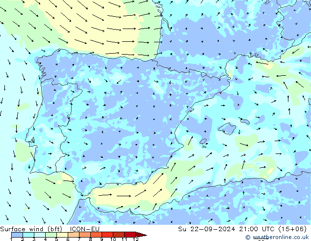 Surface wind (bft) ICON-EU Ne 22.09.2024 21 UTC