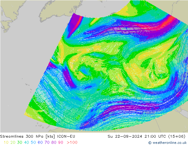 Linha de corrente 300 hPa ICON-EU Dom 22.09.2024 21 UTC