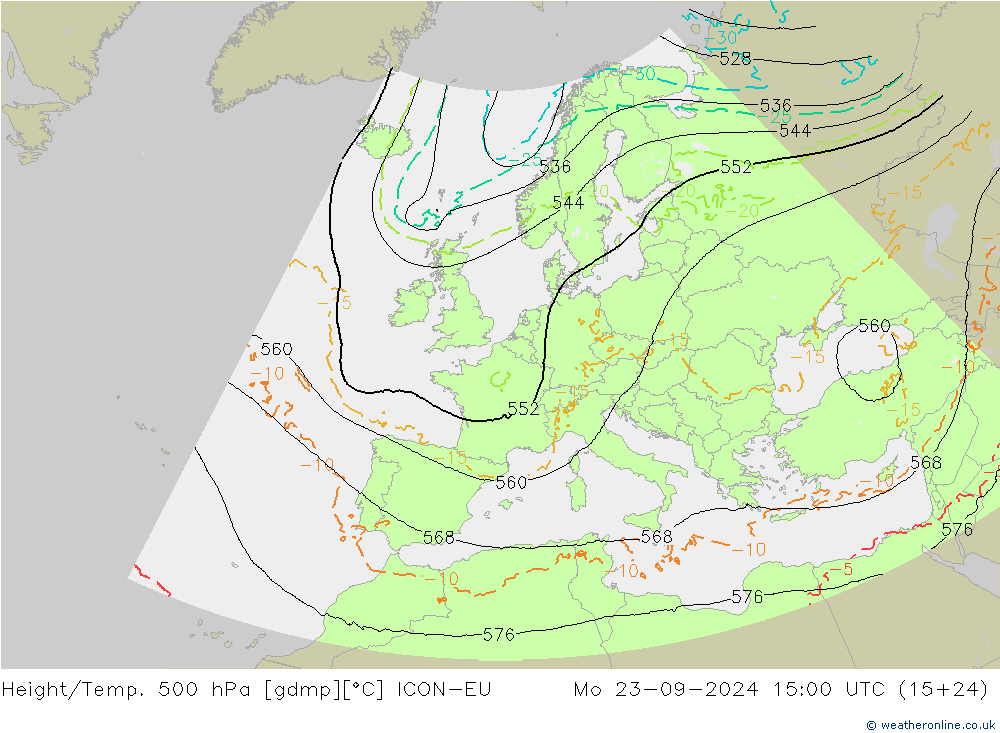 Height/Temp. 500 hPa ICON-EU pon. 23.09.2024 15 UTC