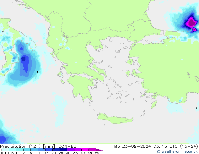 Totale neerslag (12h) ICON-EU ma 23.09.2024 15 UTC