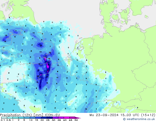 降水量 (12h) ICON-EU 星期一 23.09.2024 03 UTC