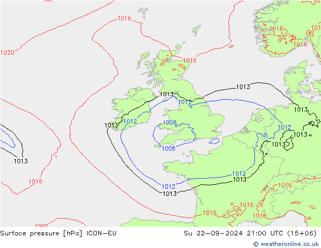 Surface pressure ICON-EU Su 22.09.2024 21 UTC