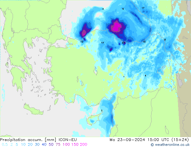 Precipitation accum. ICON-EU pon. 23.09.2024 15 UTC