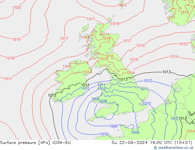 Surface pressure ICON-EU Su 22.09.2024 16 UTC