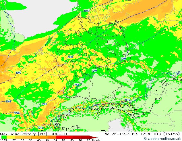 Max. wind velocity ICON-EU We 25.09.2024 12 UTC