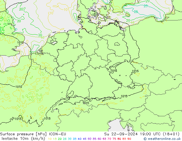 10米等风速线 (kph) ICON-EU 星期日 22.09.2024 19 UTC