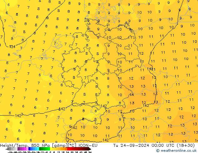 Geop./Temp. 850 hPa ICON-EU mar 24.09.2024 00 UTC