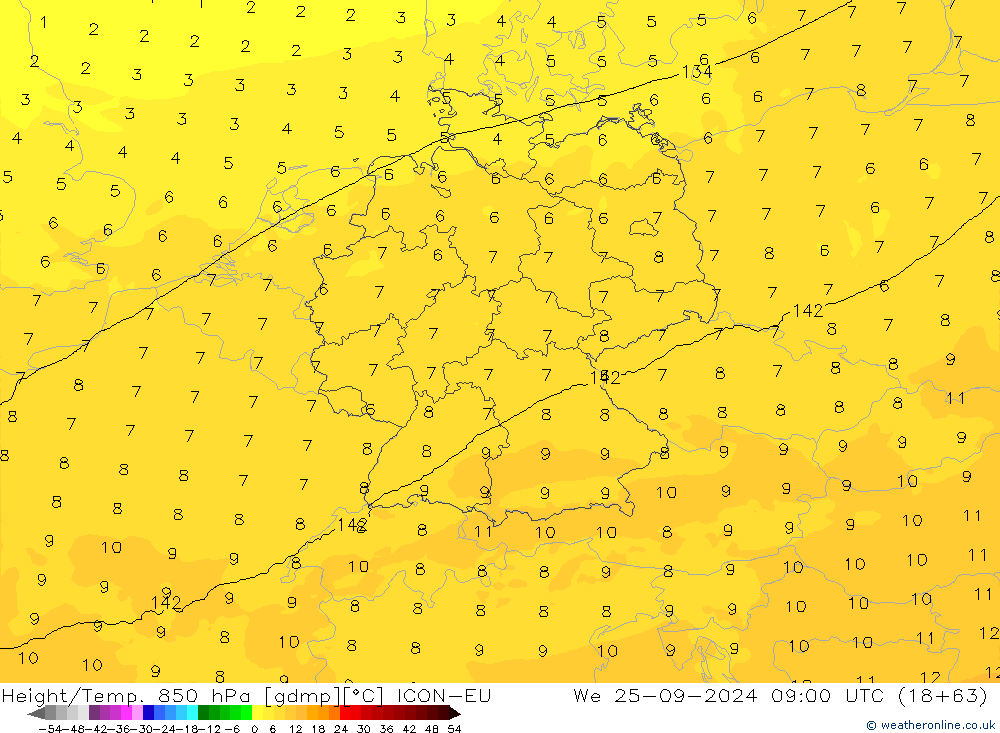 Height/Temp. 850 гПа ICON-EU ср 25.09.2024 09 UTC