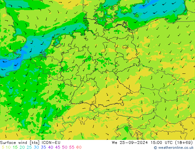 Vento 10 m ICON-EU mer 25.09.2024 15 UTC