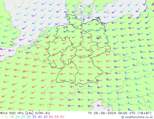 Vento 500 hPa ICON-EU gio 26.09.2024 09 UTC