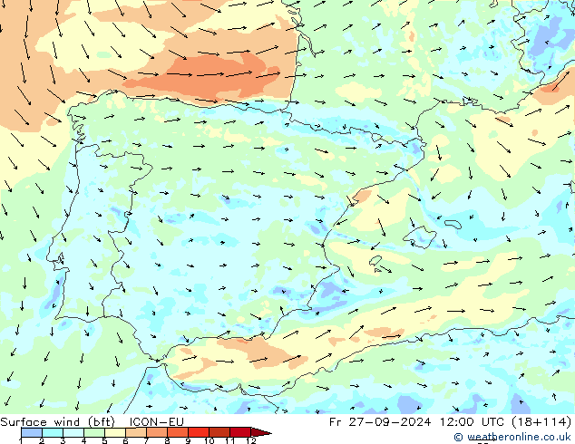 ве�Bе�@ 10 m (bft) ICON-EU пт 27.09.2024 12 UTC