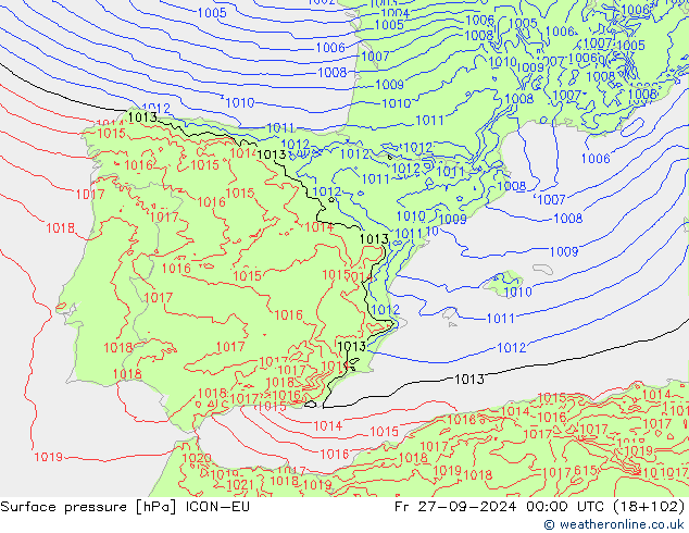 Presión superficial ICON-EU vie 27.09.2024 00 UTC