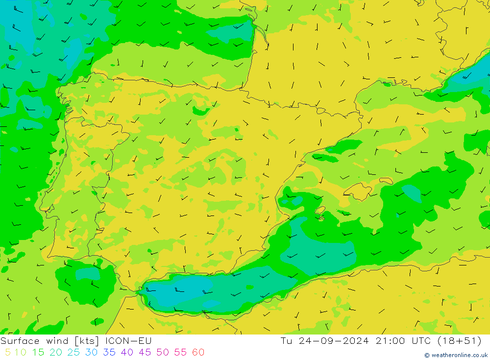 Vento 10 m ICON-EU mar 24.09.2024 21 UTC