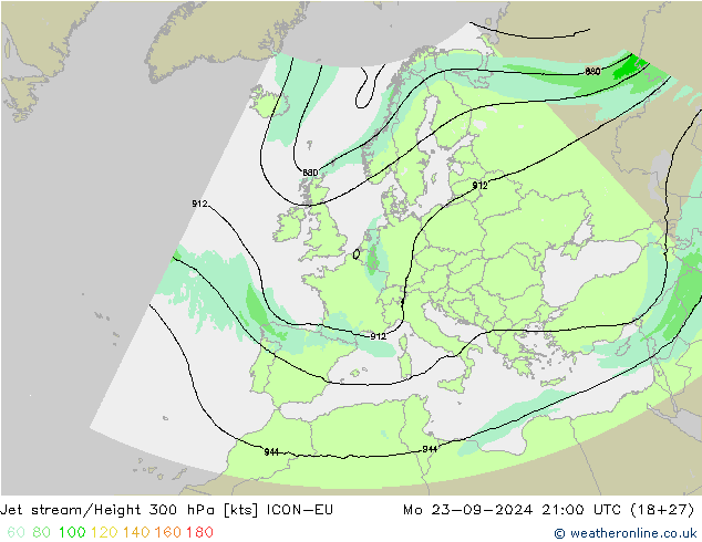 Jet stream/Height 300 hPa ICON-EU Mo 23.09.2024 21 UTC