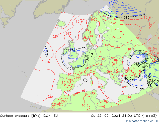 Surface pressure ICON-EU Su 22.09.2024 21 UTC