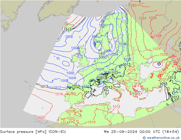 pressão do solo ICON-EU Qua 25.09.2024 00 UTC