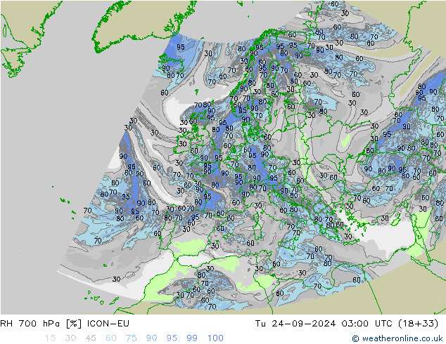 RH 700 hPa ICON-EU Tu 24.09.2024 03 UTC