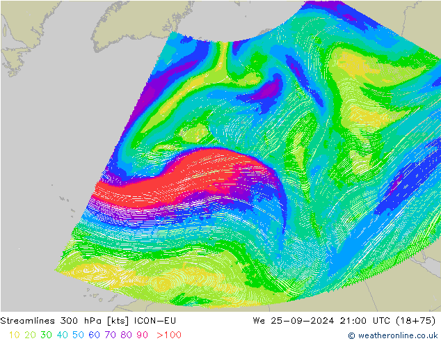 Streamlines 300 hPa ICON-EU We 25.09.2024 21 UTC