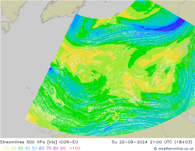 Stromlinien 500 hPa ICON-EU So 22.09.2024 21 UTC