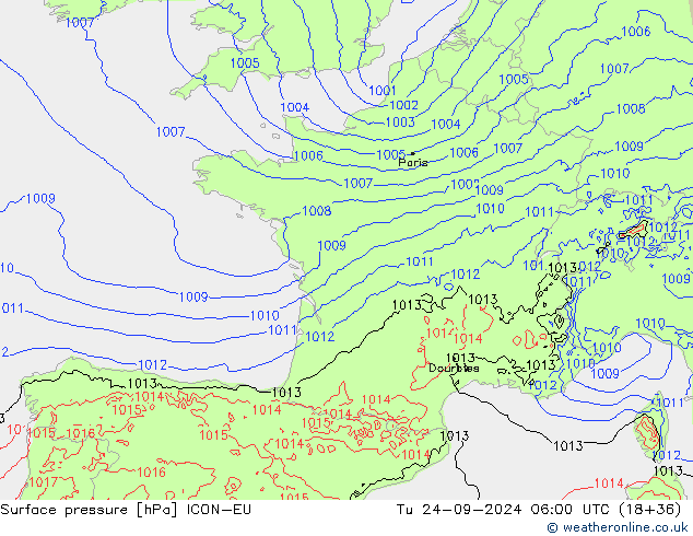 Surface pressure ICON-EU Tu 24.09.2024 06 UTC