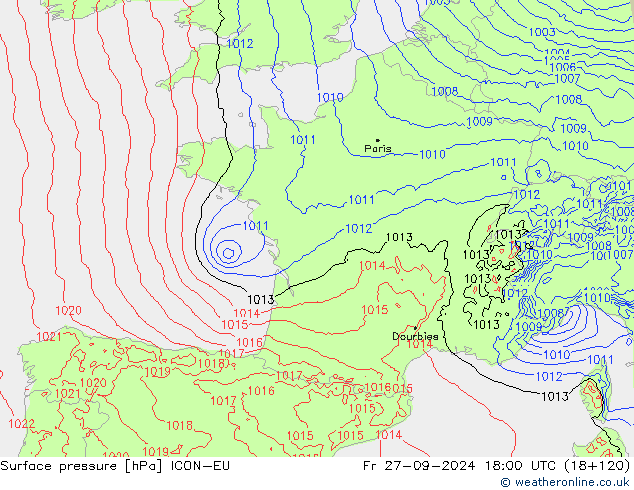 Surface pressure ICON-EU Fr 27.09.2024 18 UTC