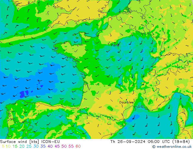 Viento 10 m ICON-EU jue 26.09.2024 06 UTC