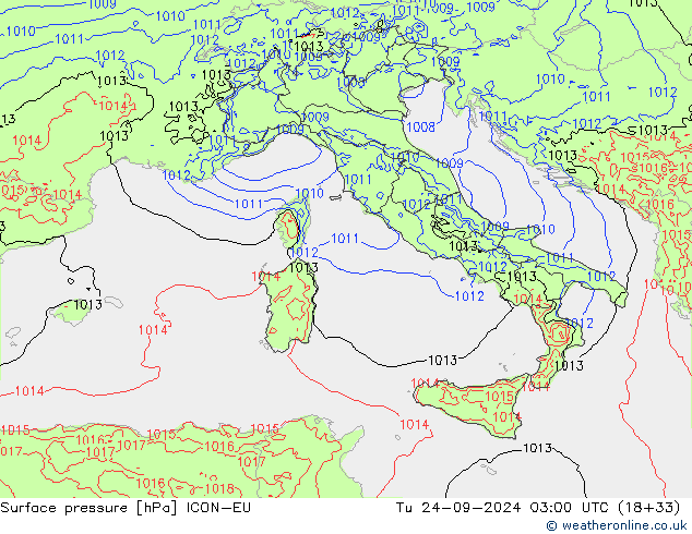 Surface pressure ICON-EU Tu 24.09.2024 03 UTC