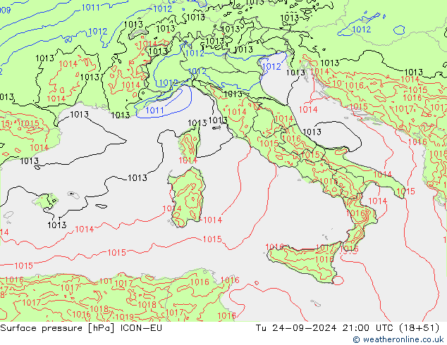 Surface pressure ICON-EU Tu 24.09.2024 21 UTC