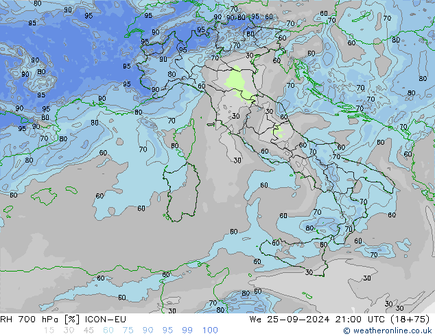 700 hPa Nispi Nem ICON-EU Çar 25.09.2024 21 UTC