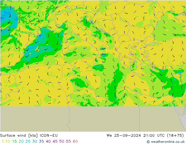 Vento 10 m ICON-EU mer 25.09.2024 21 UTC