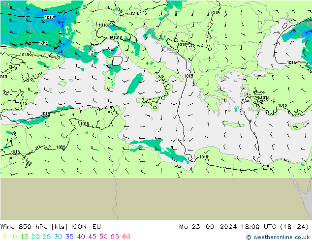 Wind 850 hPa ICON-EU Po 23.09.2024 18 UTC