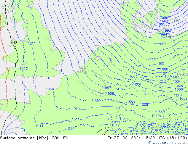 Surface pressure ICON-EU Fr 27.09.2024 18 UTC