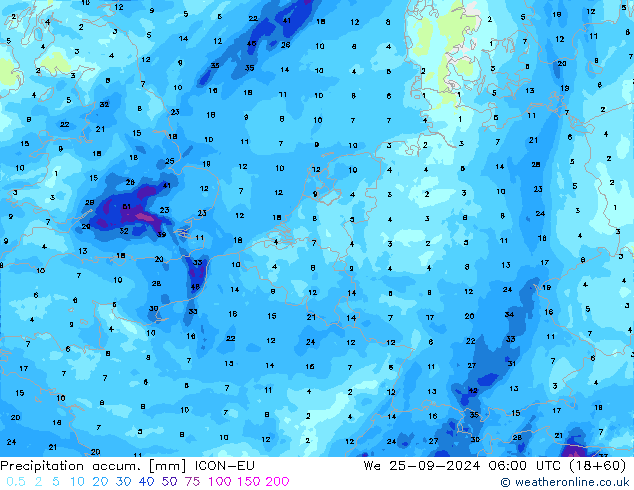 Toplam Yağış ICON-EU Çar 25.09.2024 06 UTC