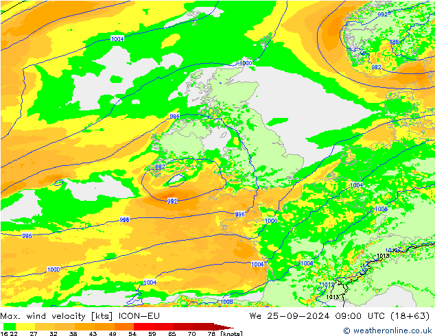 Maks. Rüzgar Hızı ICON-EU Çar 25.09.2024 09 UTC