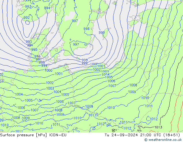 приземное давление ICON-EU вт 24.09.2024 21 UTC