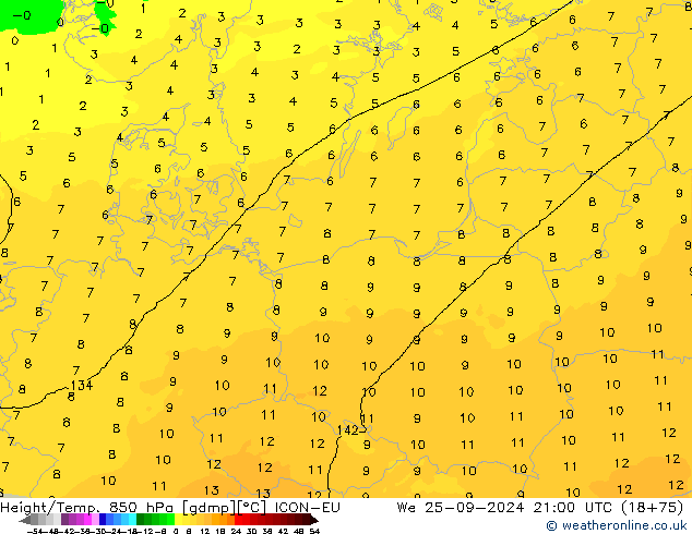 Yükseklik/Sıc. 850 hPa ICON-EU Çar 25.09.2024 21 UTC