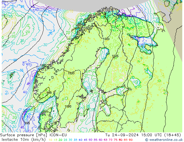 Eşrüzgar Hızları (km/sa) ICON-EU Sa 24.09.2024 15 UTC