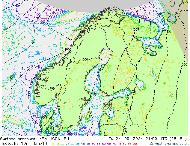 Isotachen (km/h) ICON-EU di 24.09.2024 21 UTC