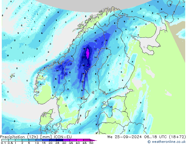 Precipitation (12h) ICON-EU We 25.09.2024 18 UTC