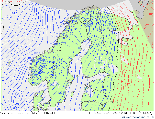 Surface pressure ICON-EU Tu 24.09.2024 12 UTC